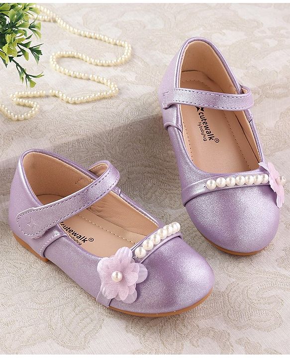 Cute Walk by Babyhug Velcro Closure with Pearls & Floral Applique Ballerinas - Purple
