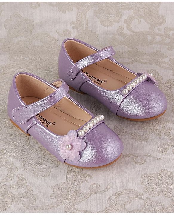 Cute Walk by Babyhug Velcro Closure with Pearls & Floral Applique Ballerinas - Purple