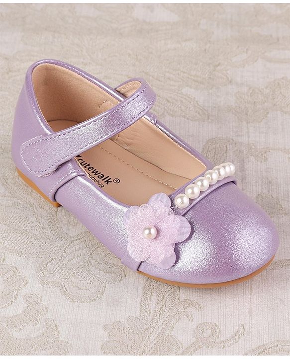 Cute Walk by Babyhug Velcro Closure with Pearls & Floral Applique Ballerinas - Purple