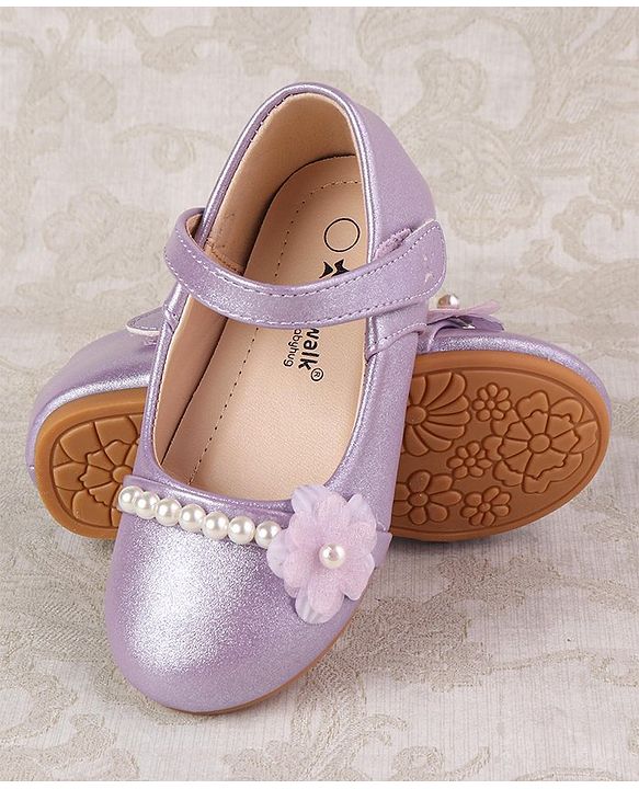 Cute Walk by Babyhug Velcro Closure with Pearls & Floral Applique Ballerinas - Purple