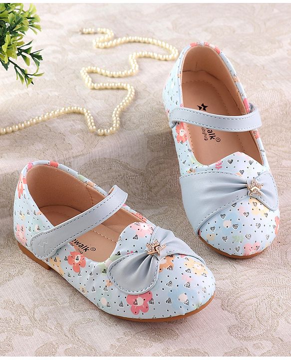 Cute Walk by Babyhug Ballerinas with Velcro Closure Floral Print & Bow Applique - Blue