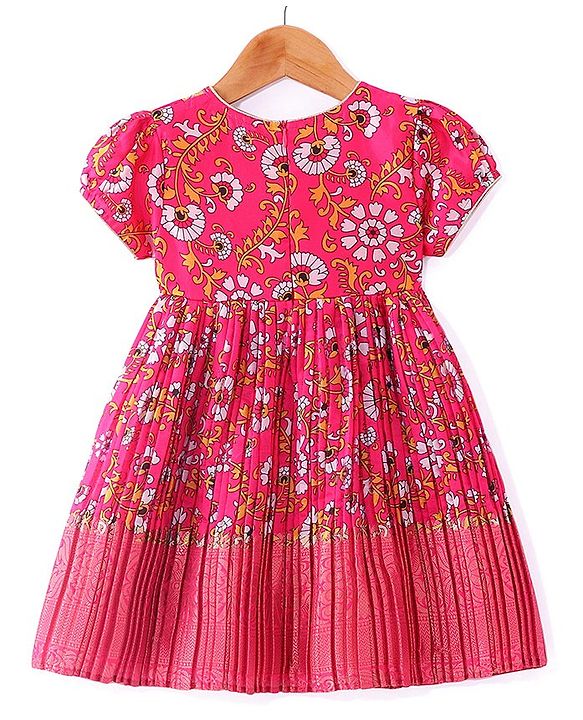 Babyhug Woven Short Sleeves Floral Printed & Embroidered Pleated Ethnic Dress - Dark Pink