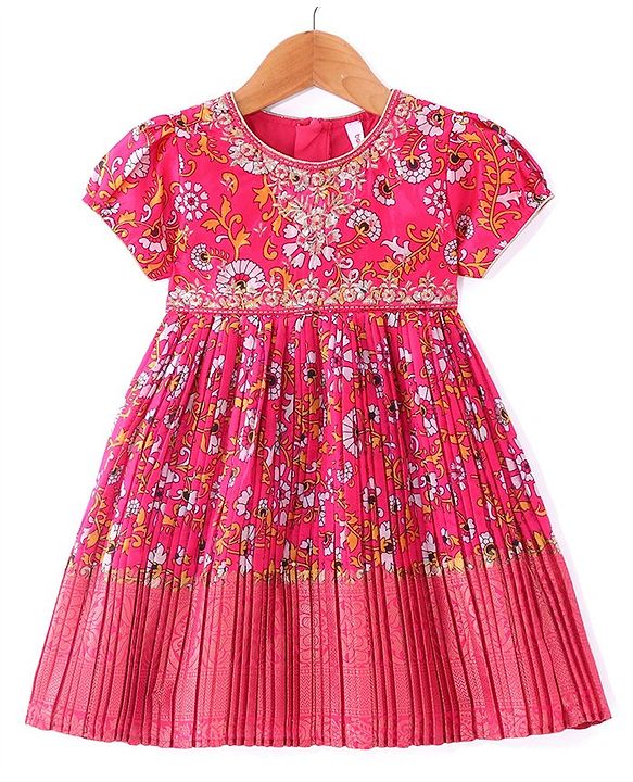 Babyhug Woven Short Sleeves Floral Printed & Embroidered Pleated Ethnic Dress - Dark Pink