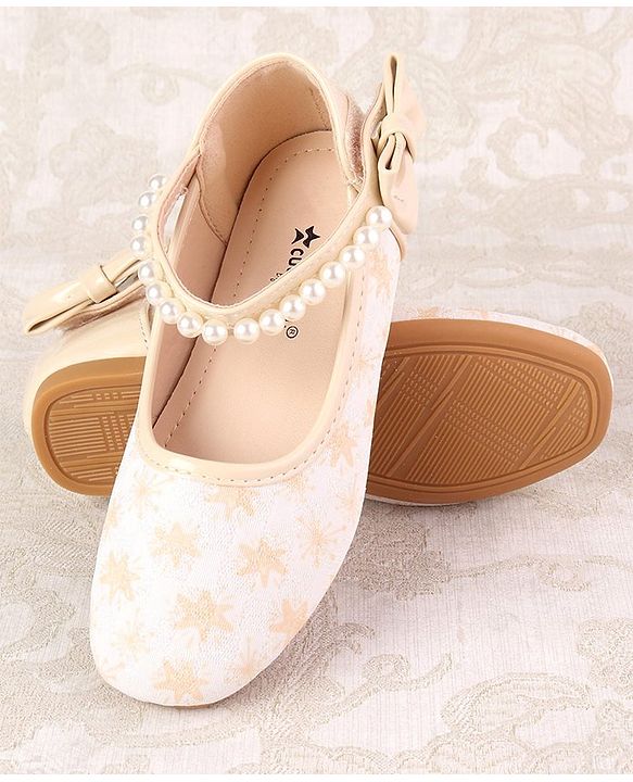 Cute Walk by Babyhug Ballerinas with Velcro Closure Floral Print & Pearl Detailing - Golden