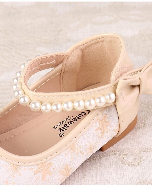 Cute Walk by Babyhug Ballerinas with Velcro Closure Floral Print & Pearl Detailing - Golden