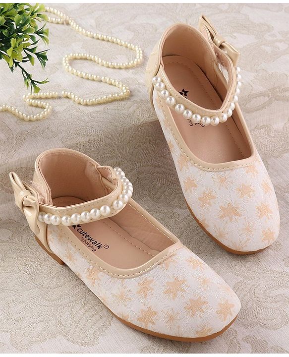 Cute Walk by Babyhug Ballerinas with Velcro Closure Floral Print & Pearl Detailing - Golden