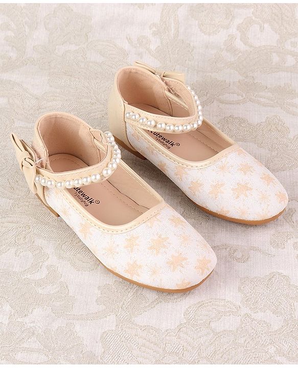 Cute Walk by Babyhug Ballerinas with Velcro Closure Floral Print & Pearl Detailing - Golden