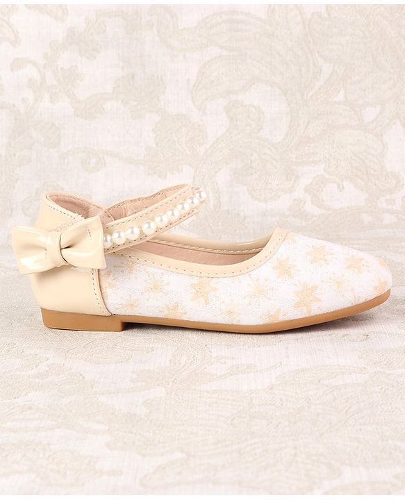 Cute Walk by Babyhug Ballerinas with Velcro Closure Floral Print & Pearl Detailing - Golden