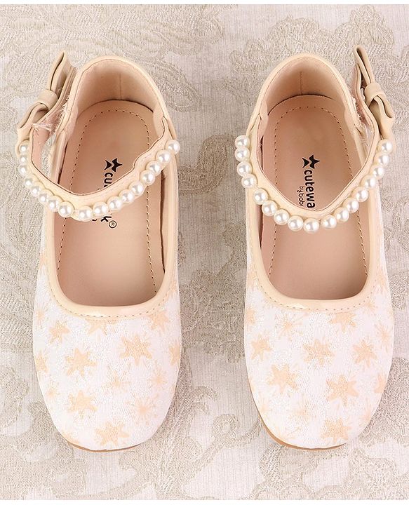 Cute Walk by Babyhug Ballerinas with Velcro Closure Floral Print & Pearl Detailing - Golden