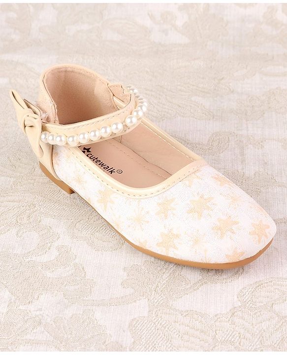 Cute Walk by Babyhug Ballerinas with Velcro Closure Floral Print & Pearl Detailing - Golden