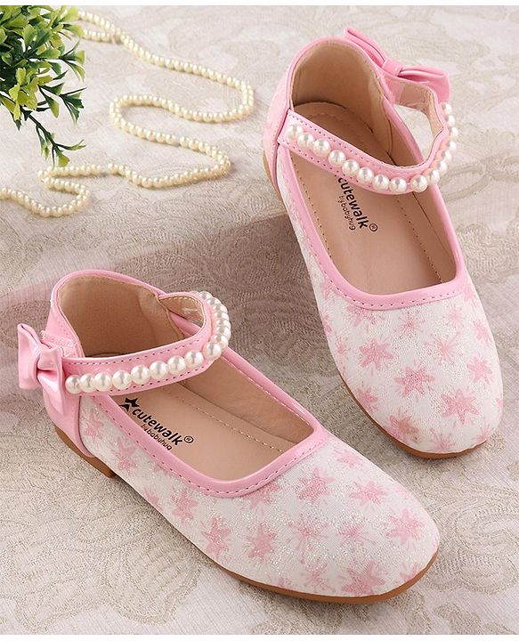 Cute Walk by Babyhug Ballerinas with Velcro Closure Floral Print & Pearl Detailing - Golden