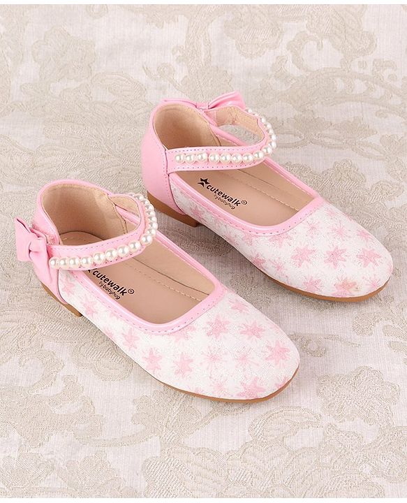 Cute Walk by Babyhug Ballerinas with Velcro Closure Floral Print & Pearl Detailing - Golden
