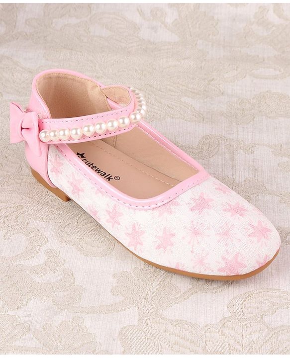 Cute Walk by Babyhug Ballerinas with Velcro Closure Floral Print & Pearl Detailing - Golden