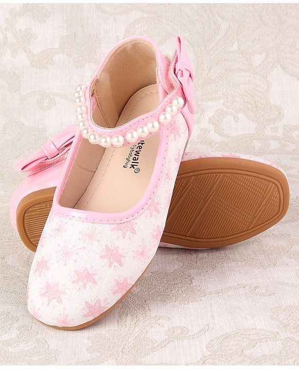 Cute Walk by Babyhug Ballerinas with Velcro Closure Floral Print & Pearl Detailing - Golden