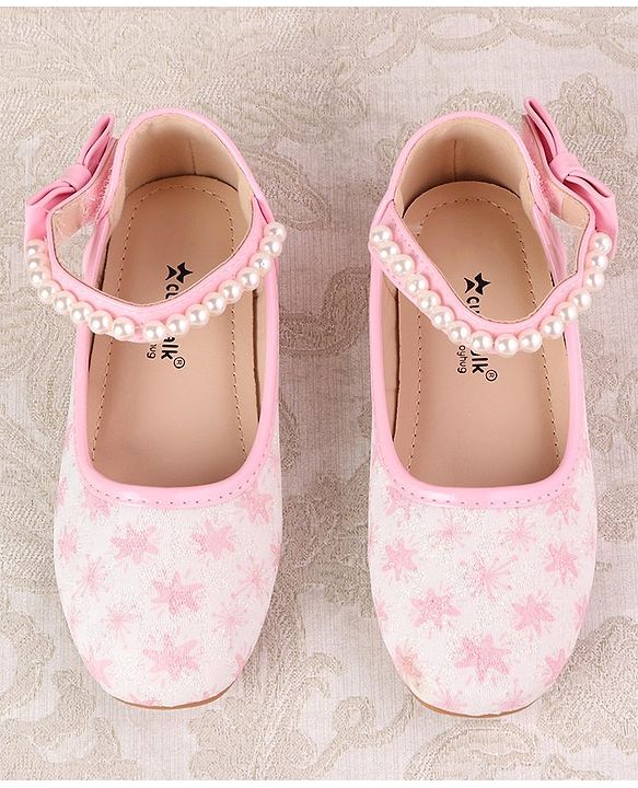Cute Walk by Babyhug Ballerinas with Velcro Closure Floral Print & Pearl Detailing - Golden