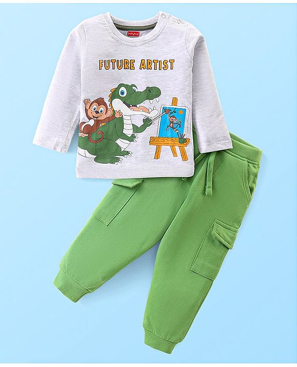 Babyhug Single Jersey Knit Full Sleeves T-Shirt & Lounge Pants Set With Animal Print - White & Green