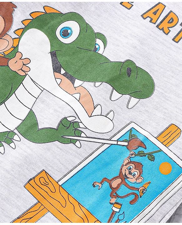 Babyhug Single Jersey Knit Full Sleeves T-Shirt & Lounge Pants Set With Animal Print - White & Green