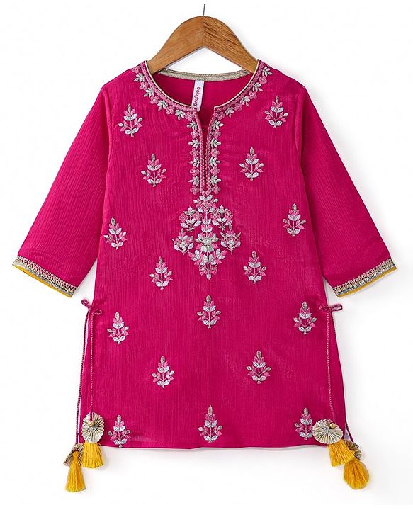 Babyhug Woven Three Fourth Sleeves  Floral Embroidered Kurti Gharara and Sequinned Dupatta- Pink