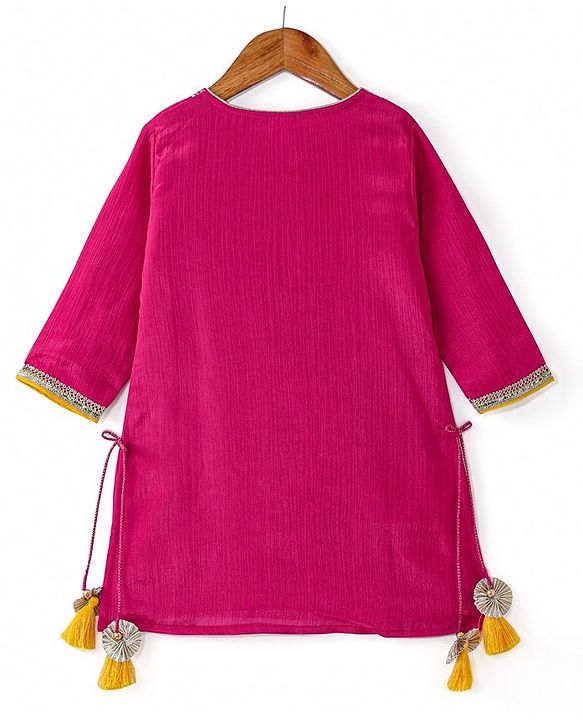 Babyhug Woven Three Fourth Sleeves  Floral Embroidered Kurti Gharara and Sequinned Dupatta- Pink