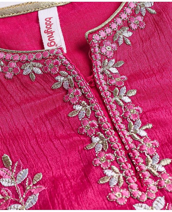 Babyhug Woven Three Fourth Sleeves  Floral Embroidered Kurti Gharara and Sequinned Dupatta- Pink