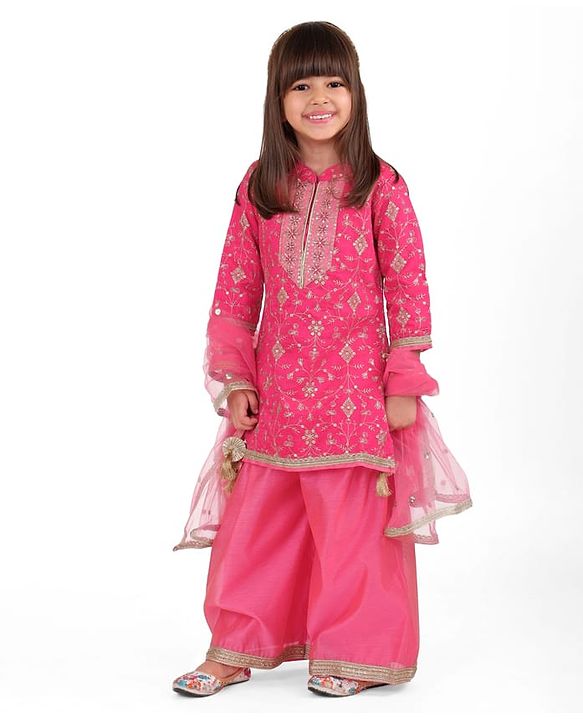 Babyhug Woven Three Fourth Sleeves Sequin Embroidered Bandh Gala Kurti Palazzo & Dupatta Set with Tassle Detailing - Fuschia