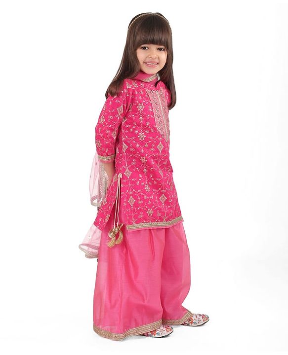 Babyhug Woven Three Fourth Sleeves Sequin Embroidered Bandh Gala Kurti Palazzo & Dupatta Set with Tassle Detailing - Fuschia
