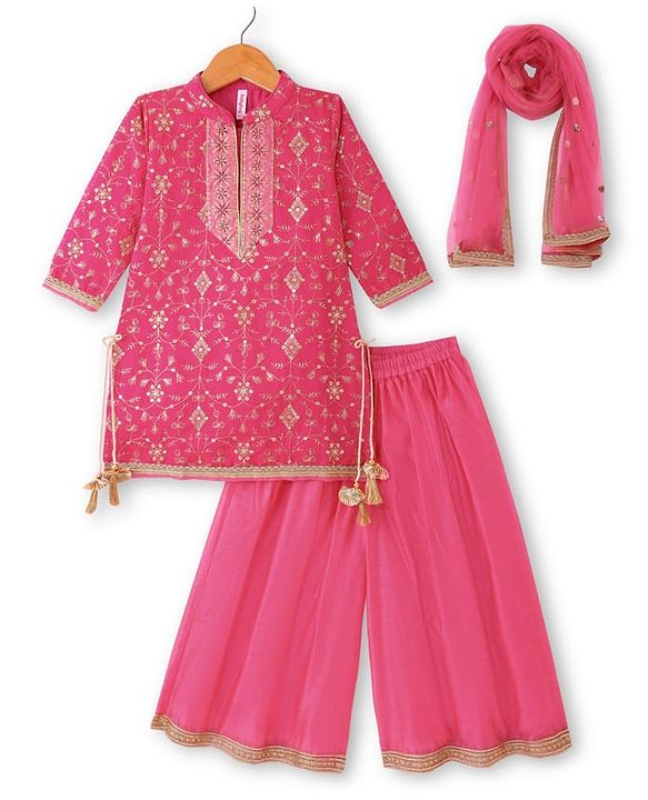 Babyhug Woven Three Fourth Sleeves Sequin Embroidered Bandh Gala Kurti Palazzo & Dupatta Set with Tassle Detailing - Fuschia
