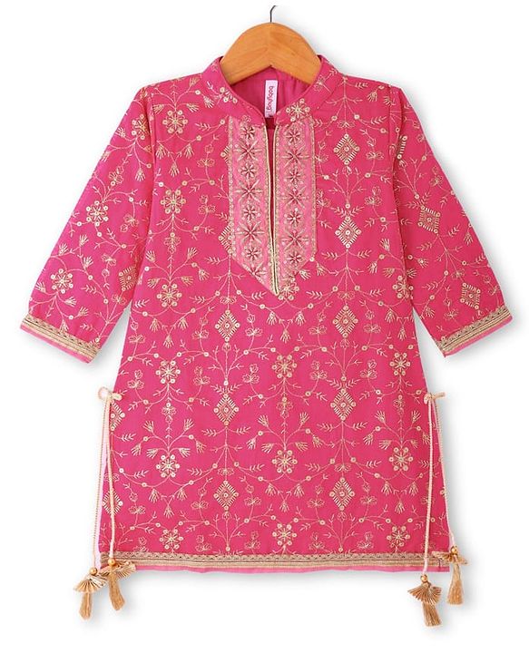 Babyhug Woven Three Fourth Sleeves Sequin Embroidered Bandh Gala Kurti Palazzo & Dupatta Set with Tassle Detailing - Fuschia