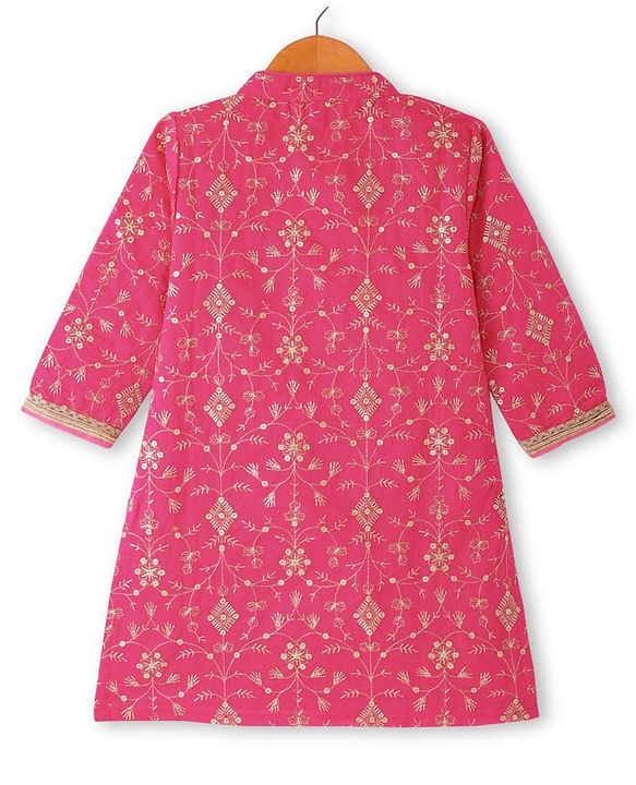 Babyhug Woven Three Fourth Sleeves Sequin Embroidered Bandh Gala Kurti Palazzo & Dupatta Set with Tassle Detailing - Fuschia