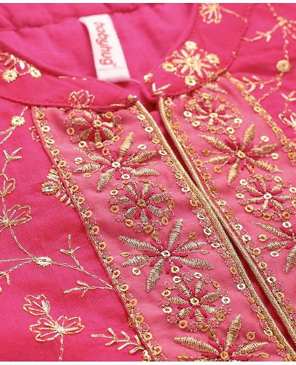 Babyhug Woven Three Fourth Sleeves Sequin Embroidered Bandh Gala Kurti Palazzo & Dupatta Set with Tassle Detailing - Fuschia