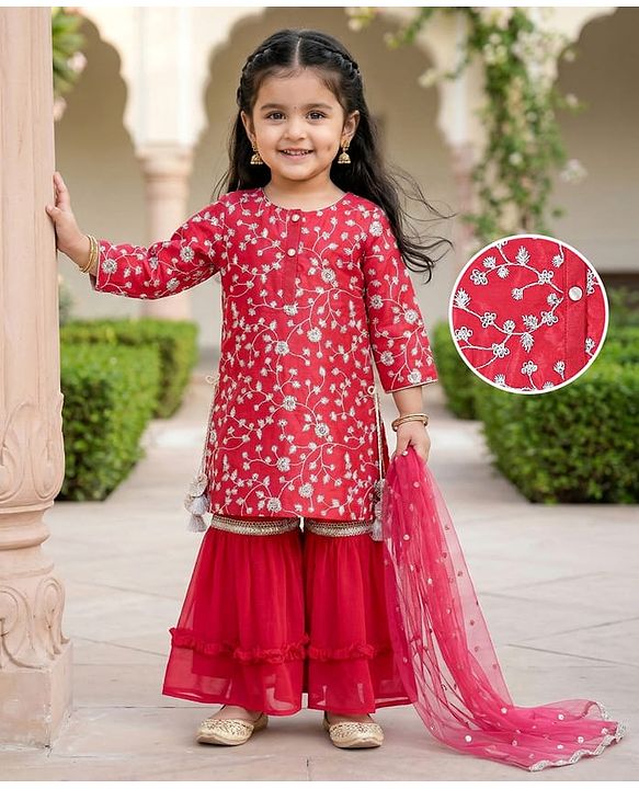 Babyhug Woven Three Fourth Sleeves Embroidered Kurti Gharara & Dupatta Set with Tassle Detailing - Red