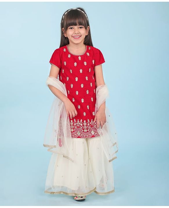 Babyhug Woven Short Sleeves Chanderi Embroidered Kurti With Sequenced Net Embroidered Sharara & Dupatta Set  With Tassle Detailing - Red