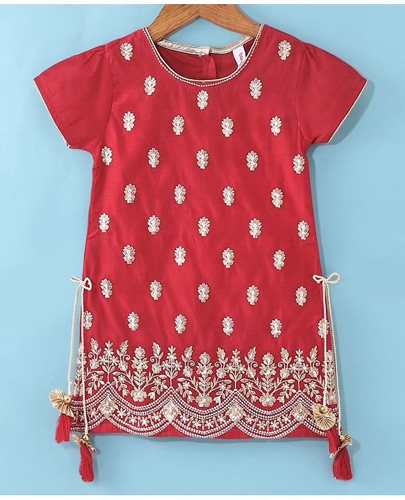Babyhug Woven Short Sleeves Chanderi Embroidered Kurti With Sequenced Net Embroidered Sharara & Dupatta Set  With Tassle Detailing - Red