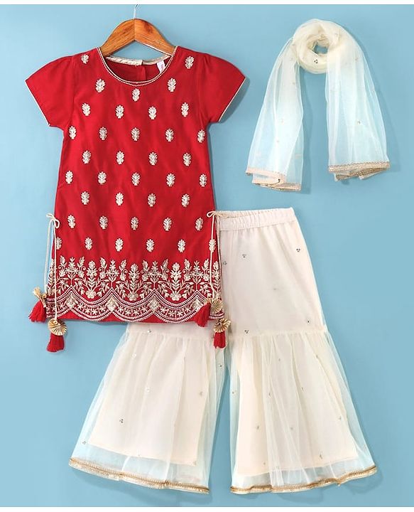 Babyhug Woven Short Sleeves Chanderi Embroidered Kurti With Sequenced Net Embroidered Sharara & Dupatta Set  With Tassle Detailing - Red
