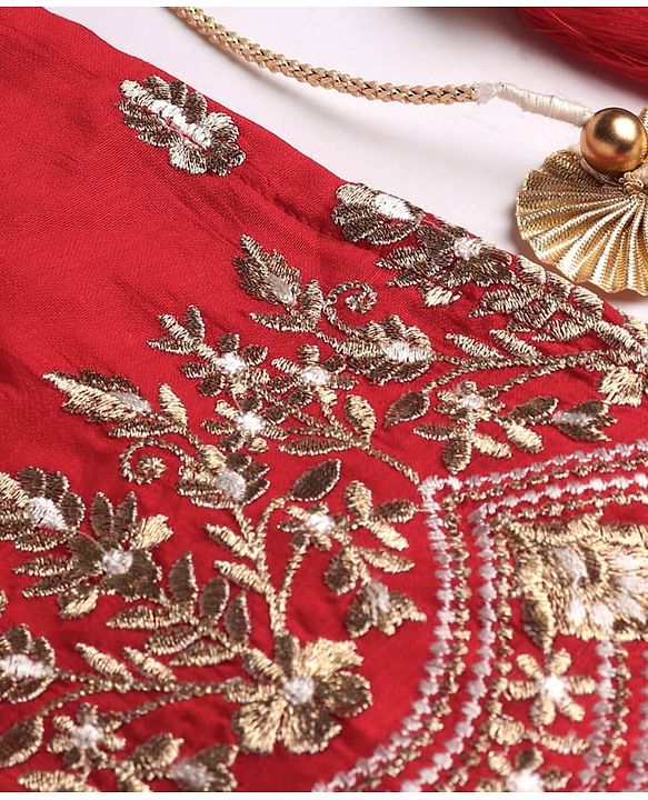 Babyhug Woven Short Sleeves Chanderi Embroidered Kurti With Sequenced Net Embroidered Sharara & Dupatta Set  With Tassle Detailing - Red