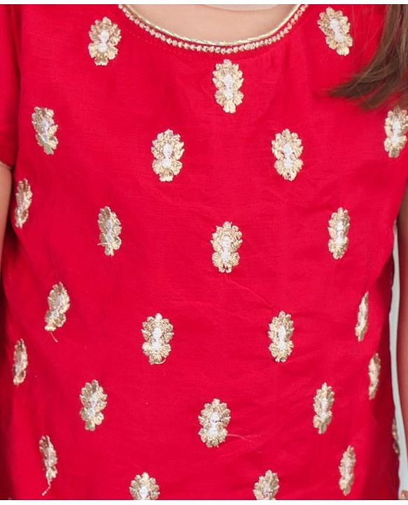 Babyhug Woven Short Sleeves Chanderi Embroidered Kurti With Sequenced Net Embroidered Sharara & Dupatta Set  With Tassle Detailing - Red