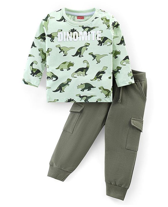 Babyhug Cotton Knit Full Sleeves T-Shirt & Pant Set With Dino Print - Green