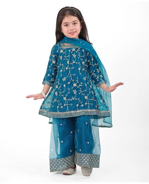 Babyhug Woven 3/4th Sleeves Sequinned Embroidered Kurti Palazzo & Net Dupatta Set - Teal Blue
