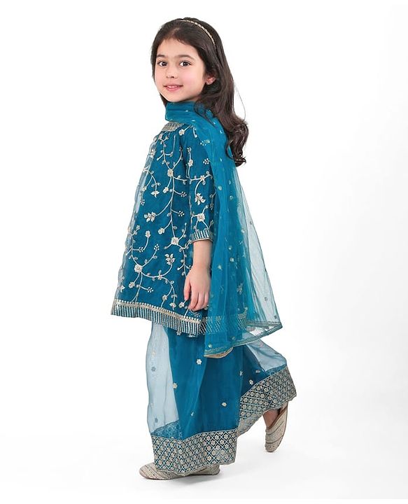 Babyhug Woven 3/4th Sleeves Sequinned Embroidered Kurti Palazzo & Net Dupatta Set - Teal Blue