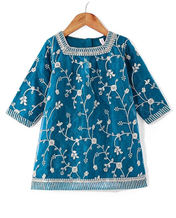 Babyhug Woven 3/4th Sleeves Sequinned Embroidered Kurti Palazzo & Net Dupatta Set - Teal Blue