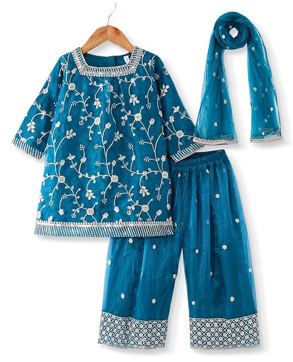Babyhug Woven 3/4th Sleeves Sequinned Embroidered Kurti Palazzo & Net Dupatta Set - Teal Blue