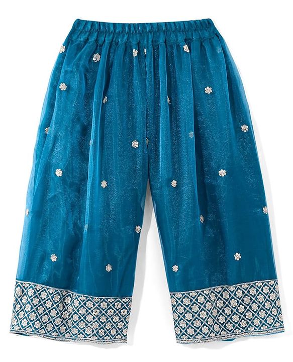 Babyhug Woven 3/4th Sleeves Sequinned Embroidered Kurti Palazzo & Net Dupatta Set - Teal Blue