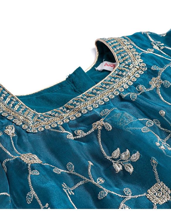 Babyhug Woven 3/4th Sleeves Sequinned Embroidered Kurti Palazzo & Net Dupatta Set - Teal Blue