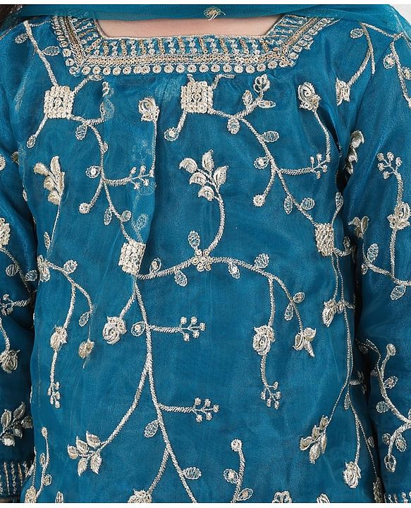 Babyhug Woven 3/4th Sleeves Sequinned Embroidered Kurti Palazzo & Net Dupatta Set - Teal Blue