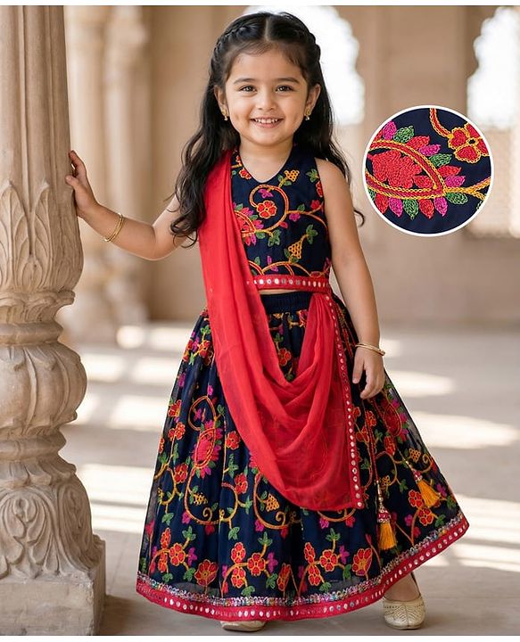 Babyhug Woven Sleeveless Sequinned & Floral Embroidered Choli With Lehenga and Georgette Dupatta - Hot Pink