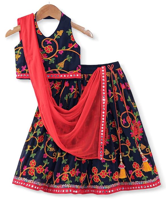 Babyhug Woven Sleeveless Sequinned & Floral Embroidered Choli With Lehenga and Georgette Dupatta - Hot Pink
