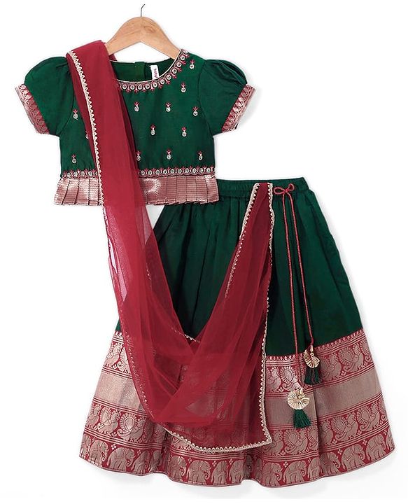 Babyhug Woven Half Sleeves Floral Embroidered & Brocade Pattu Pavadai Lehenga Choli and Dupatta Set - Green