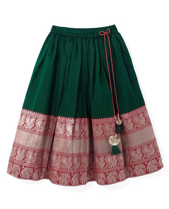 Babyhug Woven Half Sleeves Floral Embroidered & Brocade Pattu Pavadai Lehenga Choli and Dupatta Set - Green
