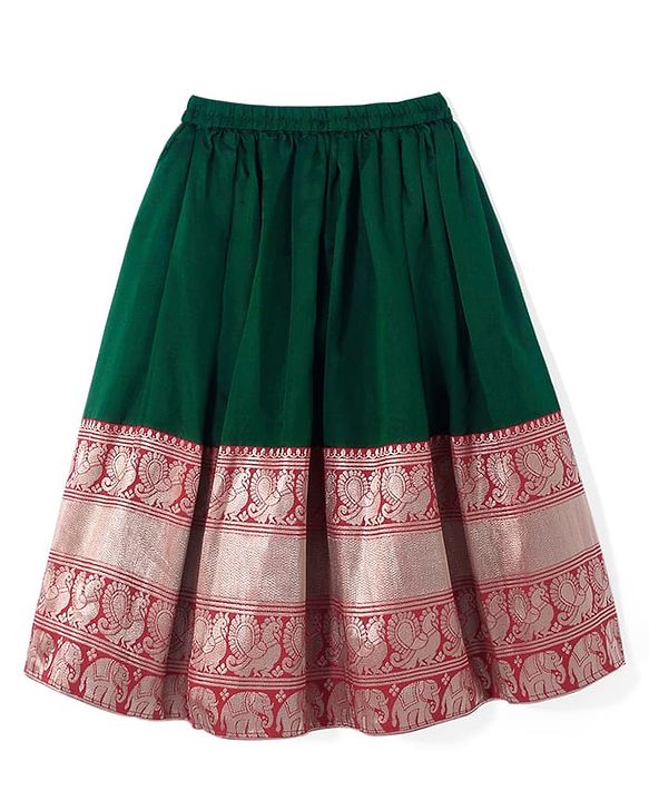 Babyhug Woven Half Sleeves Floral Embroidered & Brocade Pattu Pavadai Lehenga Choli and Dupatta Set - Green