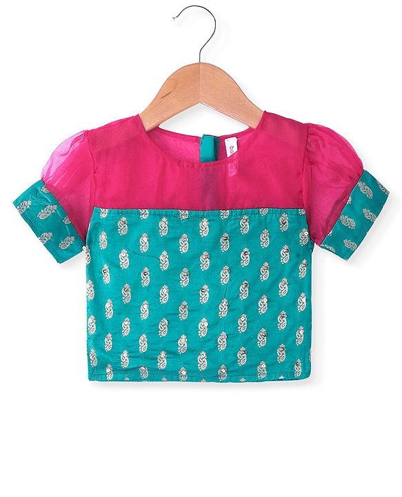 Babyhug Woven Short Puffed Sleeves Brocade Pattu Pavada Lehenga Choli & Dupatta Set- Fuschia